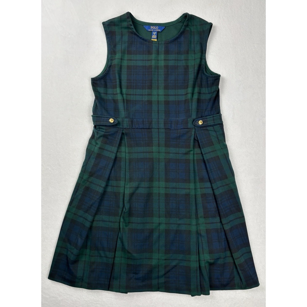 Polo Ralph‎ Lauren Girls Plaid Dress XL 16 Green Navy Tartan Sleeveless